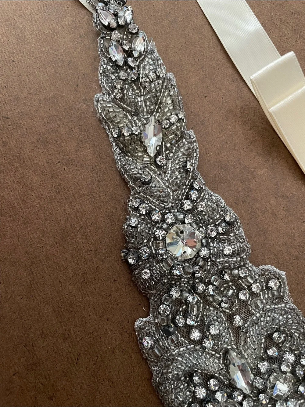 Crystal Embellished Ivory Ribbon Sash Belt
